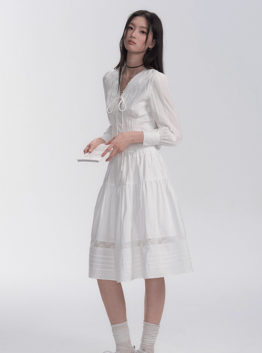 Lace Trim V - Neck Tie Blouse - COPPING THREADS - FRAGILE HEART