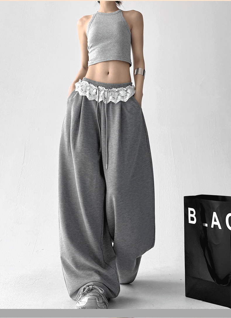 Lace Trim Waist Drawstring Wide - Leg Sweatpants - COPPING THREADS - CT Select