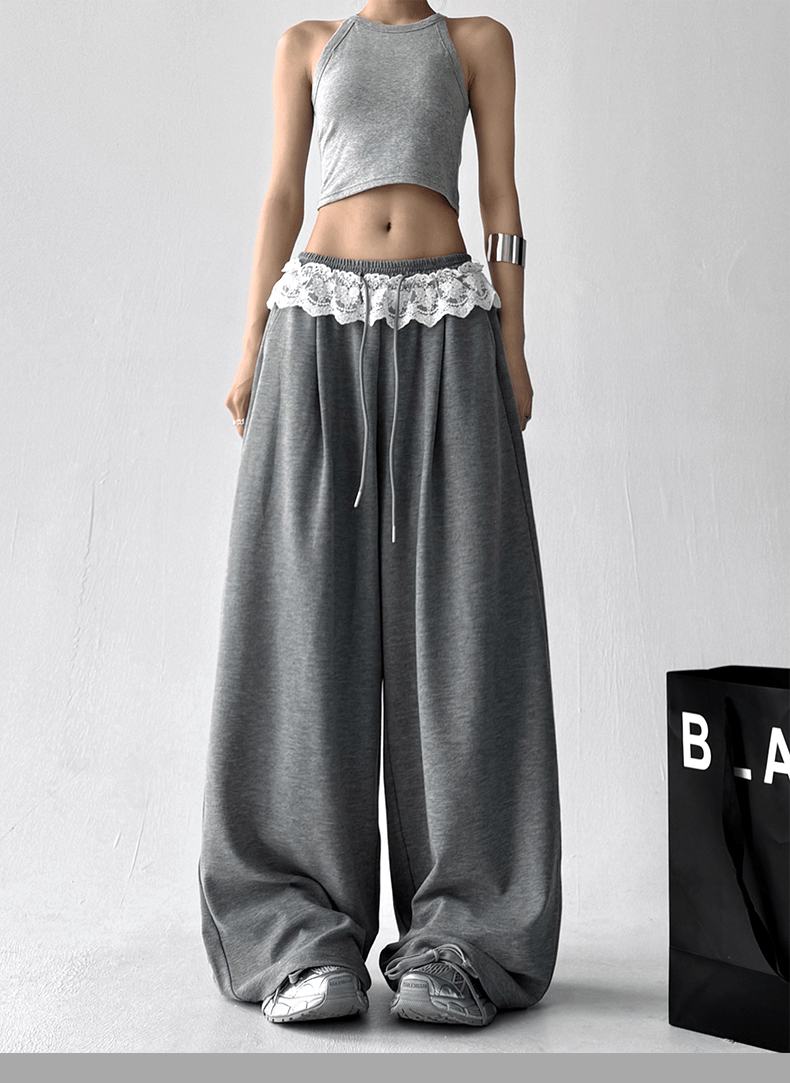 Lace Trim Waist Drawstring Wide - Leg Sweatpants - COPPING THREADS - CT Select