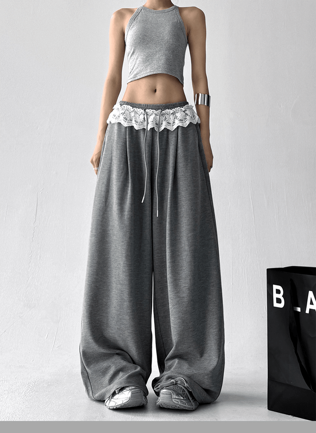 Lace Trim Waist Drawstring Wide - Leg Sweatpants - COPPING THREADS - CT Select Hover Image