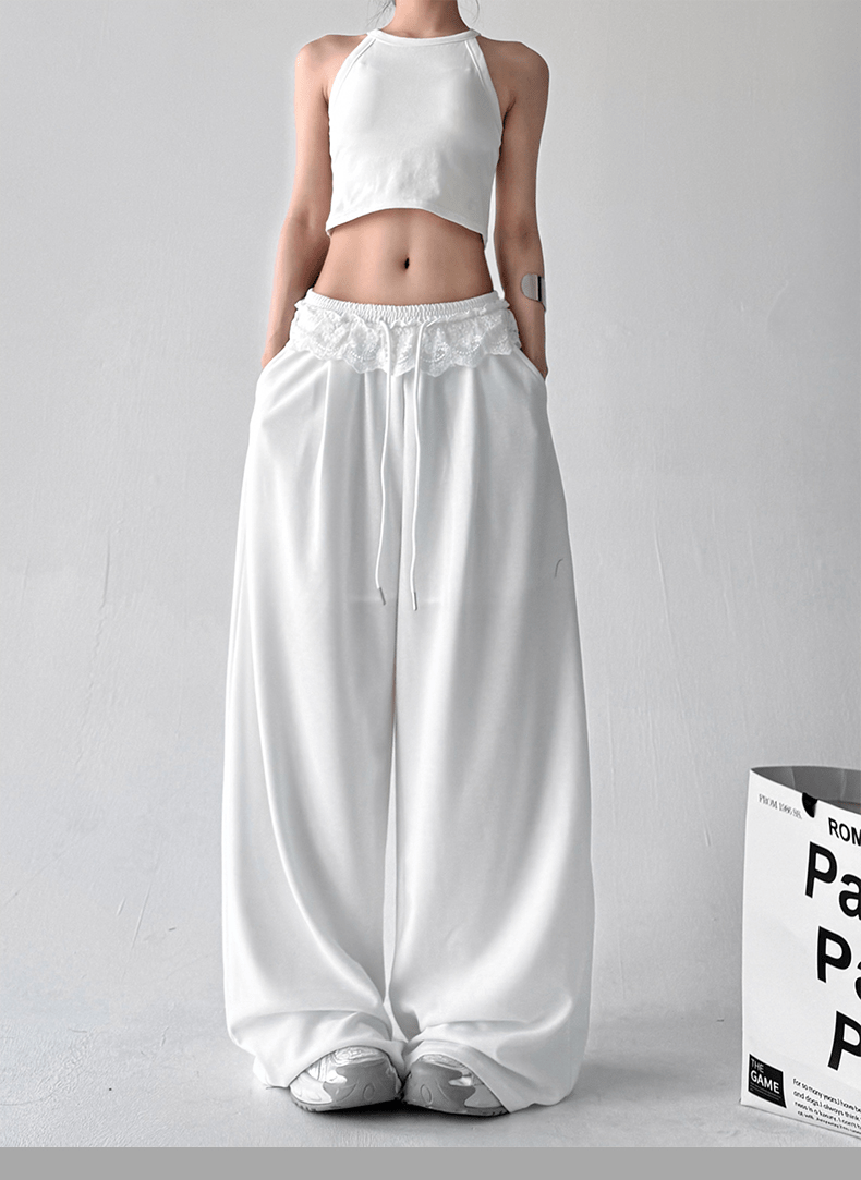 Lace Trim Waist Drawstring Wide - Leg Sweatpants - COPPING THREADS - CT Select