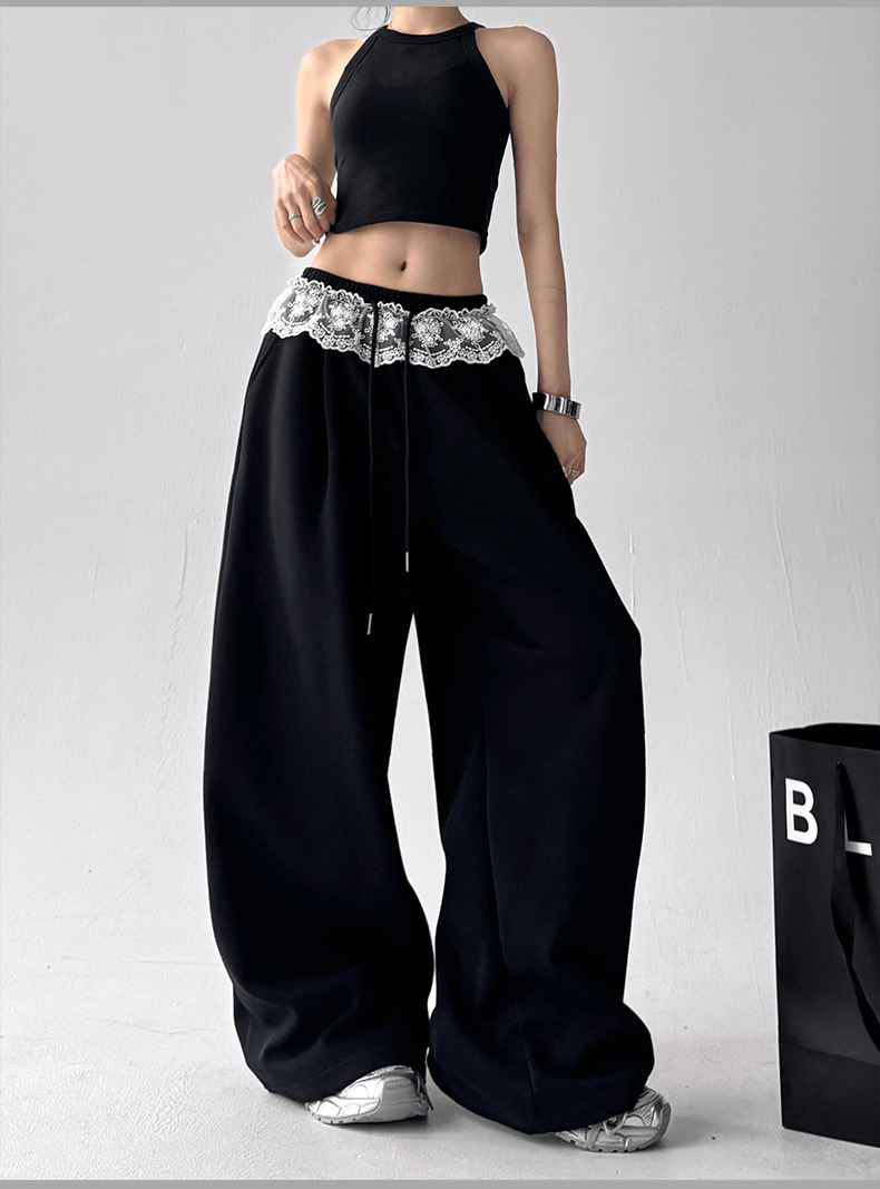 Lace Trim Waist Drawstring Wide - Leg Sweatpants - COPPING THREADS - CT Select
