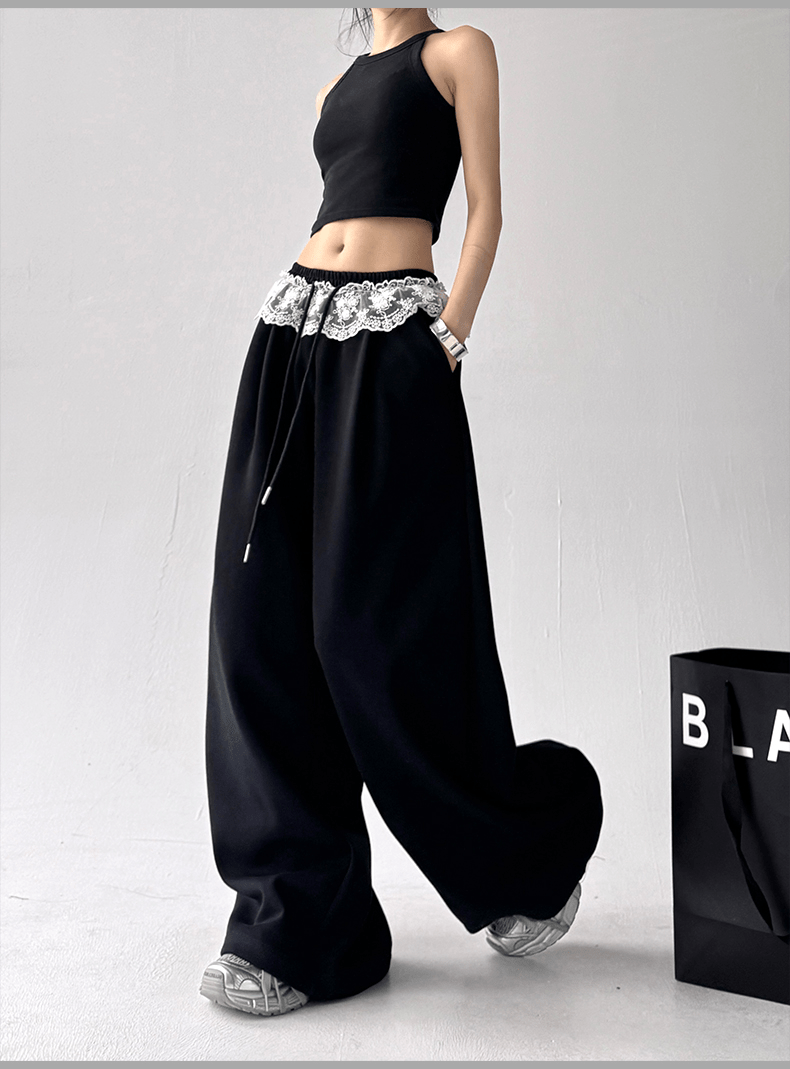 Lace Trim Waist Drawstring Wide - Leg Sweatpants - COPPING THREADS - CT Select