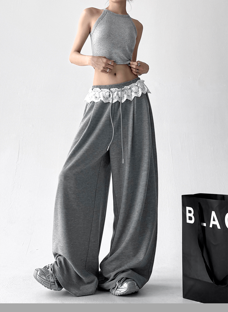 Lace Trim Waist Drawstring Wide - Leg Sweatpants - COPPING THREADS - CT Select