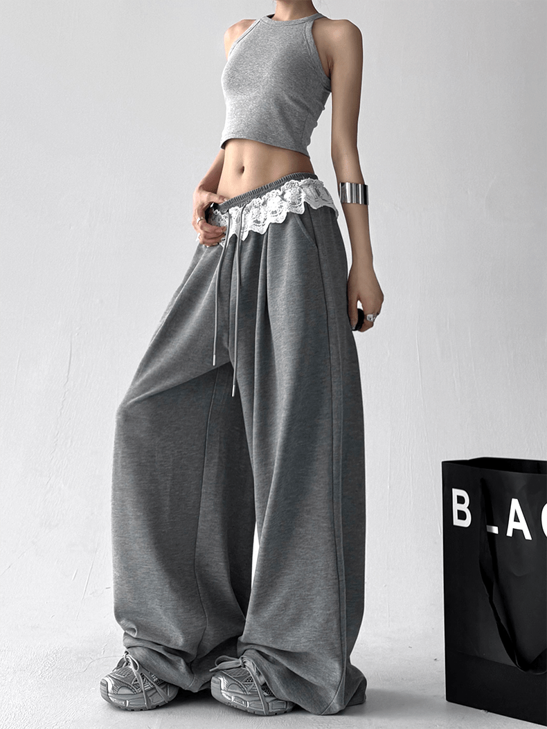 Lace Trim Waist Drawstring Wide - Leg Sweatpants - COPPING THREADS - CT Select