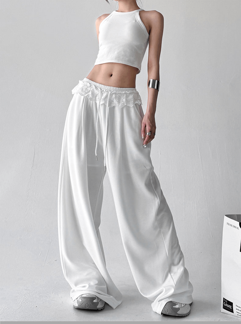 Lace Trim Waist Drawstring Wide - Leg Sweatpants - COPPING THREADS - CT Select