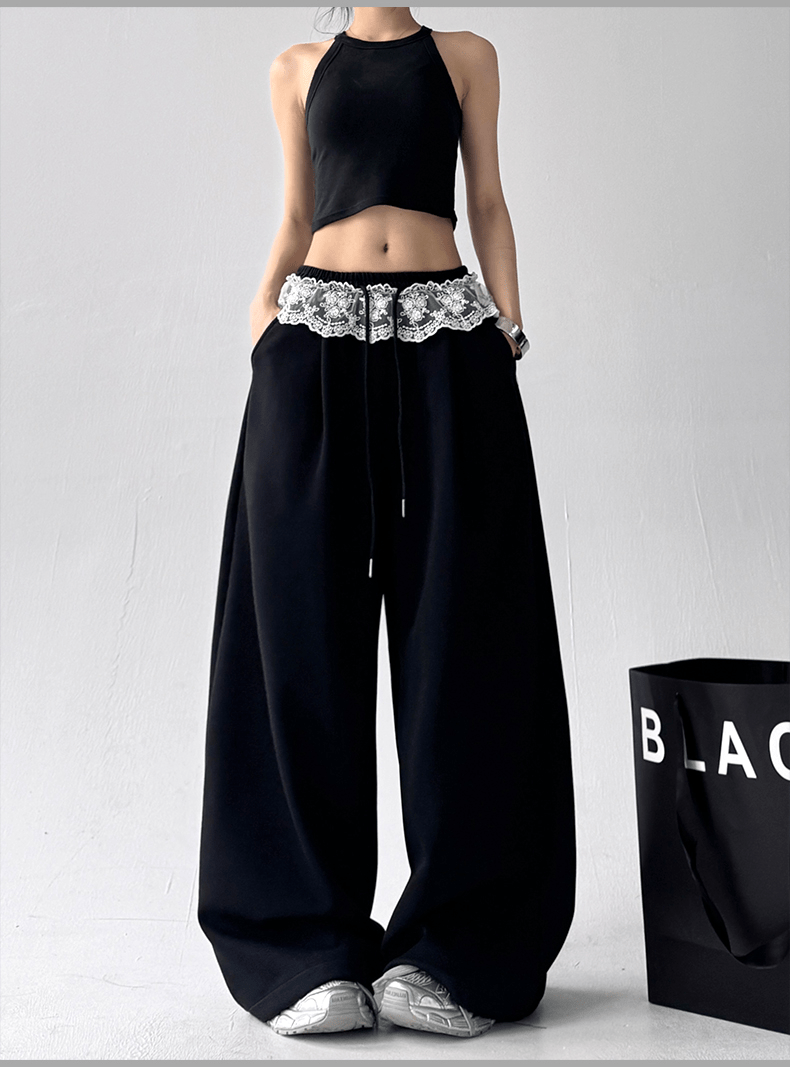 Lace Trim Waist Drawstring Wide - Leg Sweatpants - COPPING THREADS - CT Select