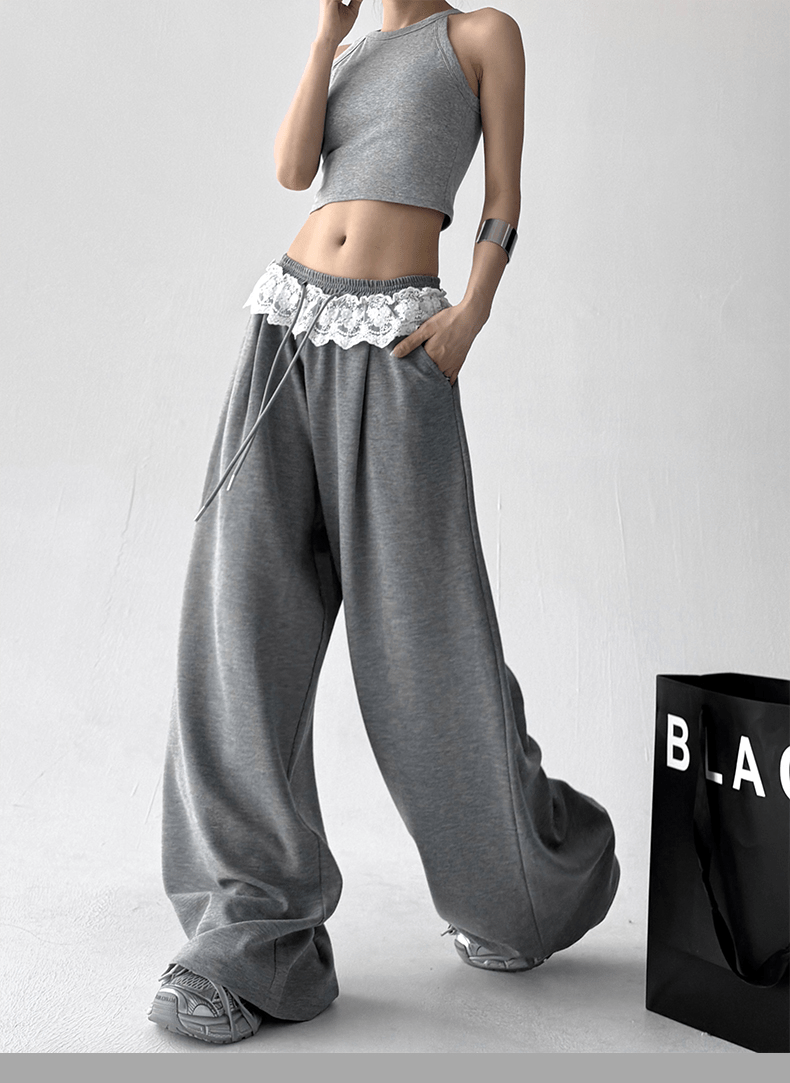 Lace Trim Waist Drawstring Wide - Leg Sweatpants - COPPING THREADS - CT Select