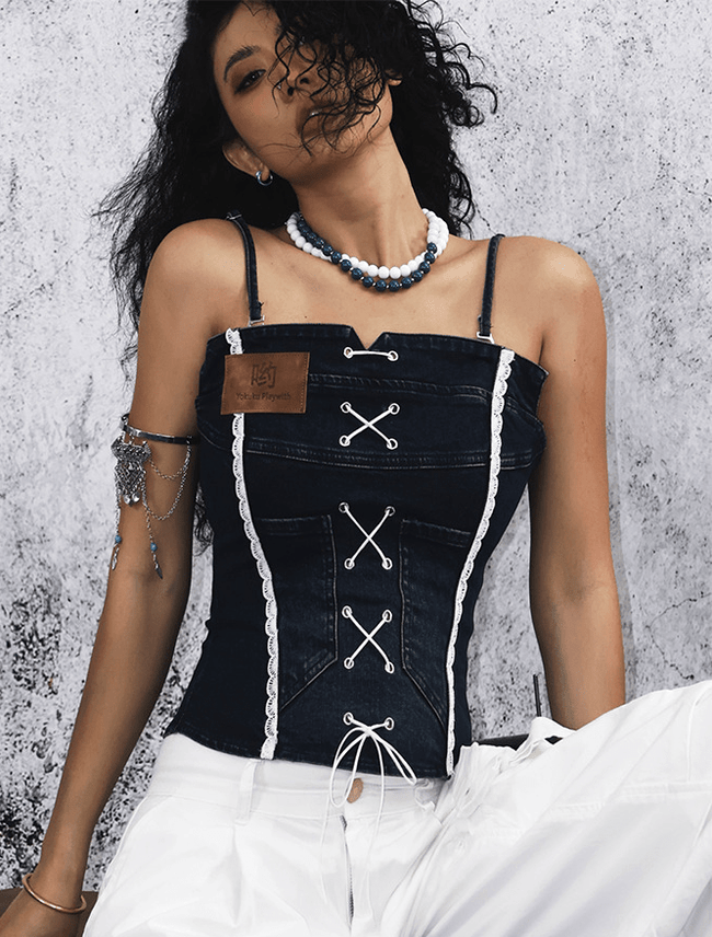 Lace - Up Denim Boned Cami Tank - COPPING THREADS - Yokuku Hover Image