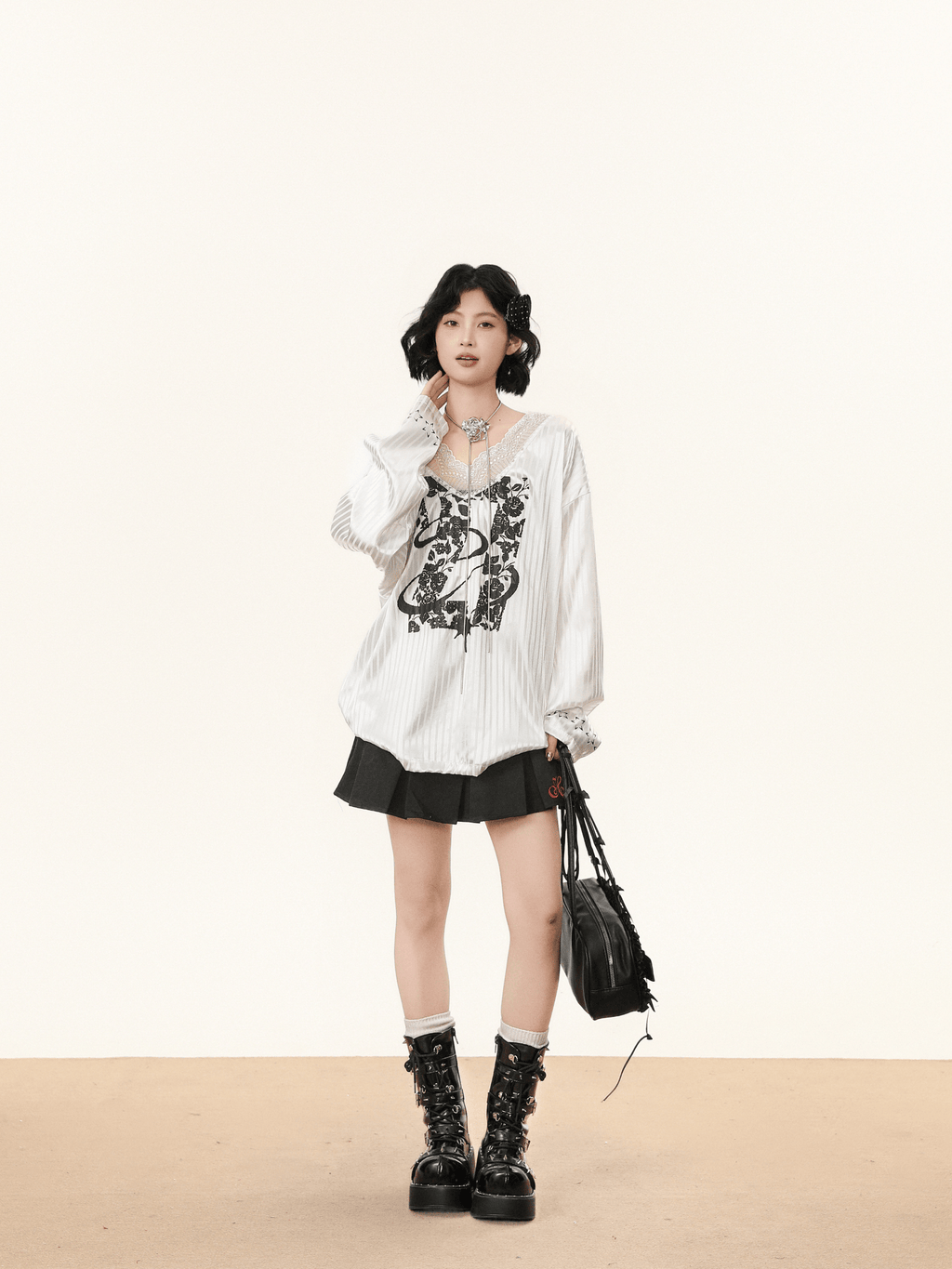 Lace V - Neck Graphic Jersey Blouse - COPPING THREADS - CHICISLAND