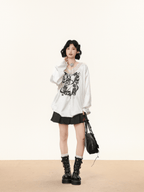Lace V - Neck Graphic Jersey Blouse - COPPING THREADS - CHICISLAND