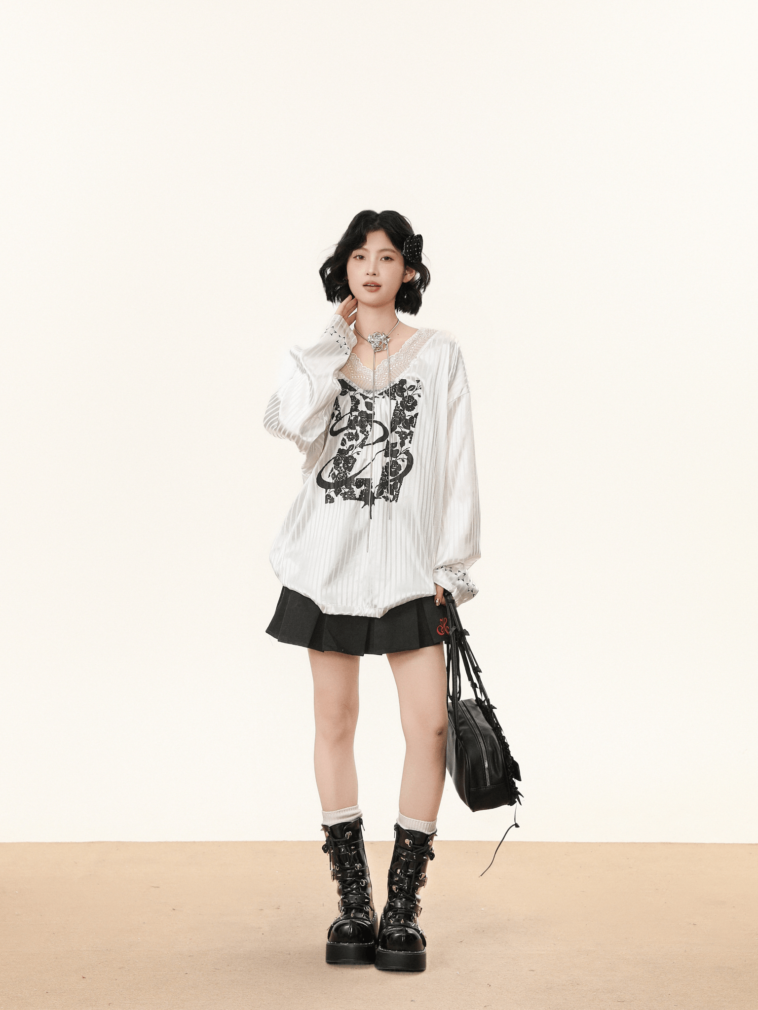 Lace V - Neck Graphic Jersey Blouse - COPPING THREADS - CHICISLAND
