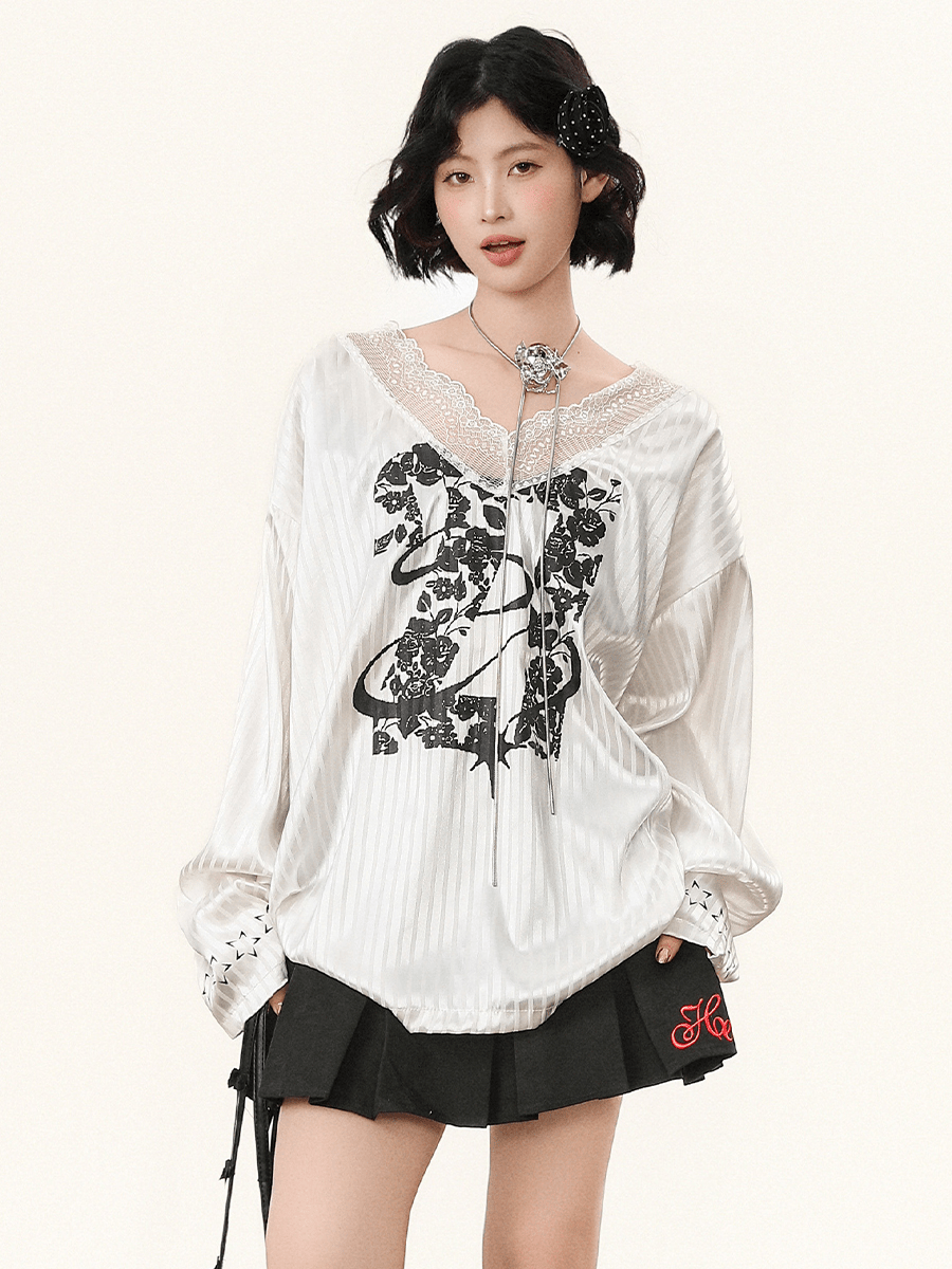 Lace V - Neck Graphic Jersey Blouse - COPPING THREADS - CHICISLAND Main image