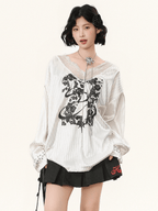 Lace V - Neck Graphic Jersey Blouse - COPPING THREADS - CHICISLAND