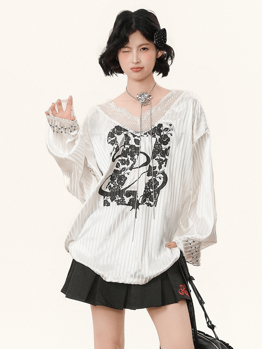 Lace V - Neck Graphic Jersey Blouse - COPPING THREADS - CHICISLAND