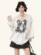 Lace V - Neck Graphic Jersey Blouse - COPPING THREADS - CHICISLAND