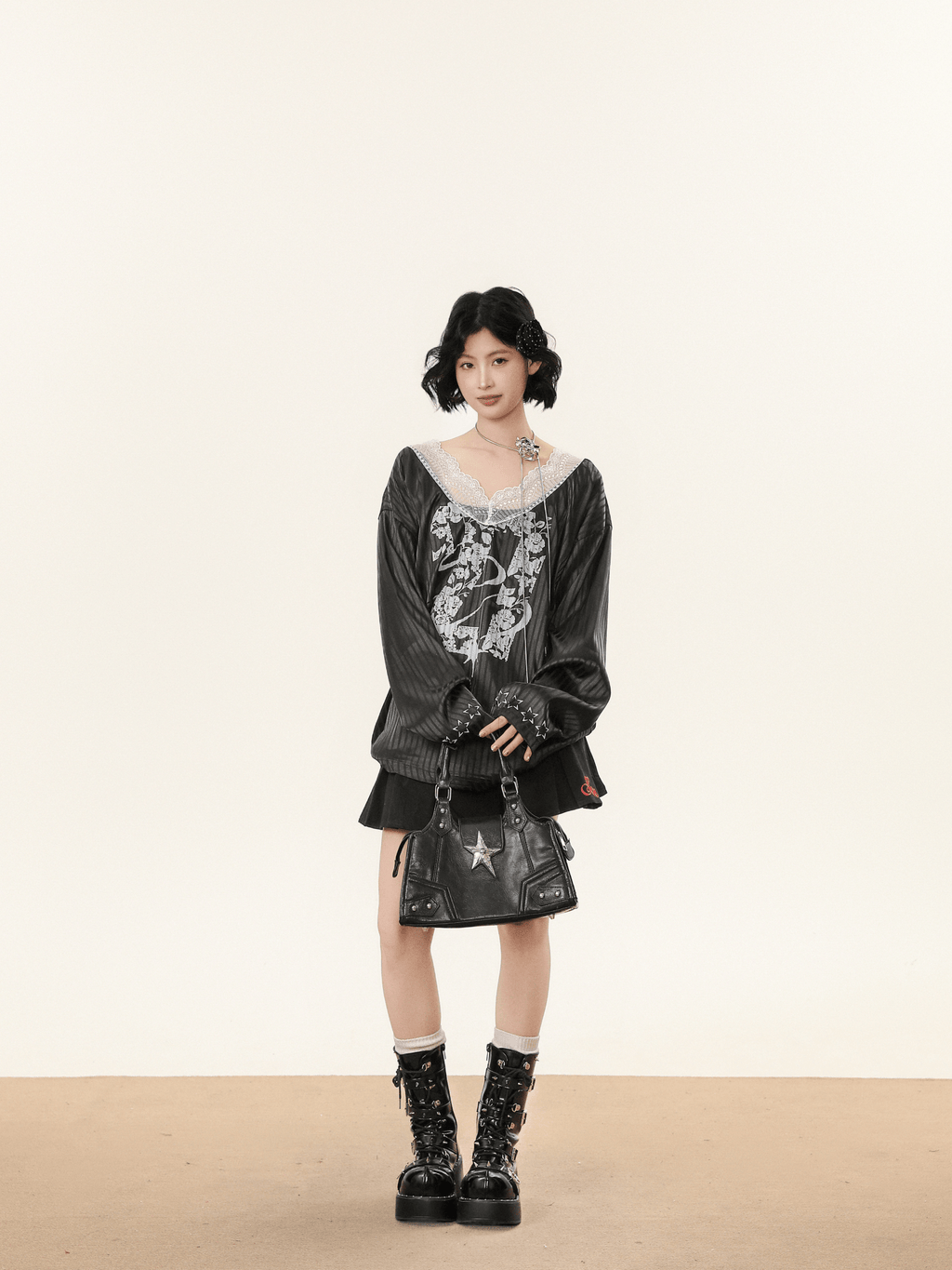 Lace V - Neck Graphic Jersey Blouse - COPPING THREADS - CHICISLAND