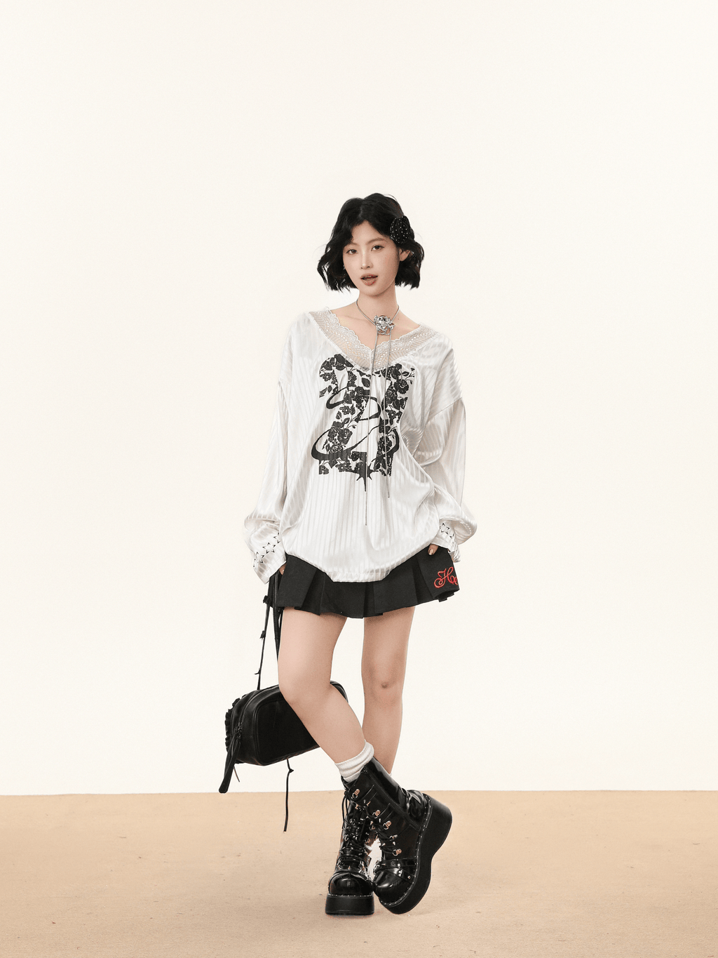 Lace V - Neck Graphic Jersey Blouse - COPPING THREADS - CHICISLAND