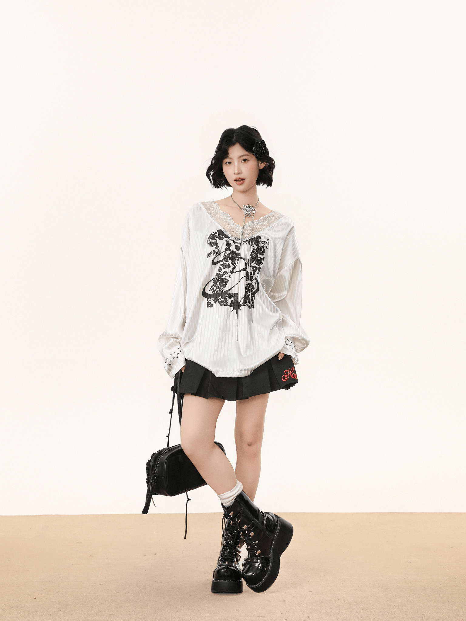 Lace V - Neck Graphic Jersey Blouse - COPPING THREADS - CHICISLAND