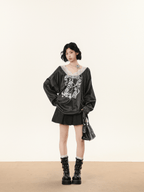 Lace V - Neck Graphic Jersey Blouse - COPPING THREADS - CHICISLAND