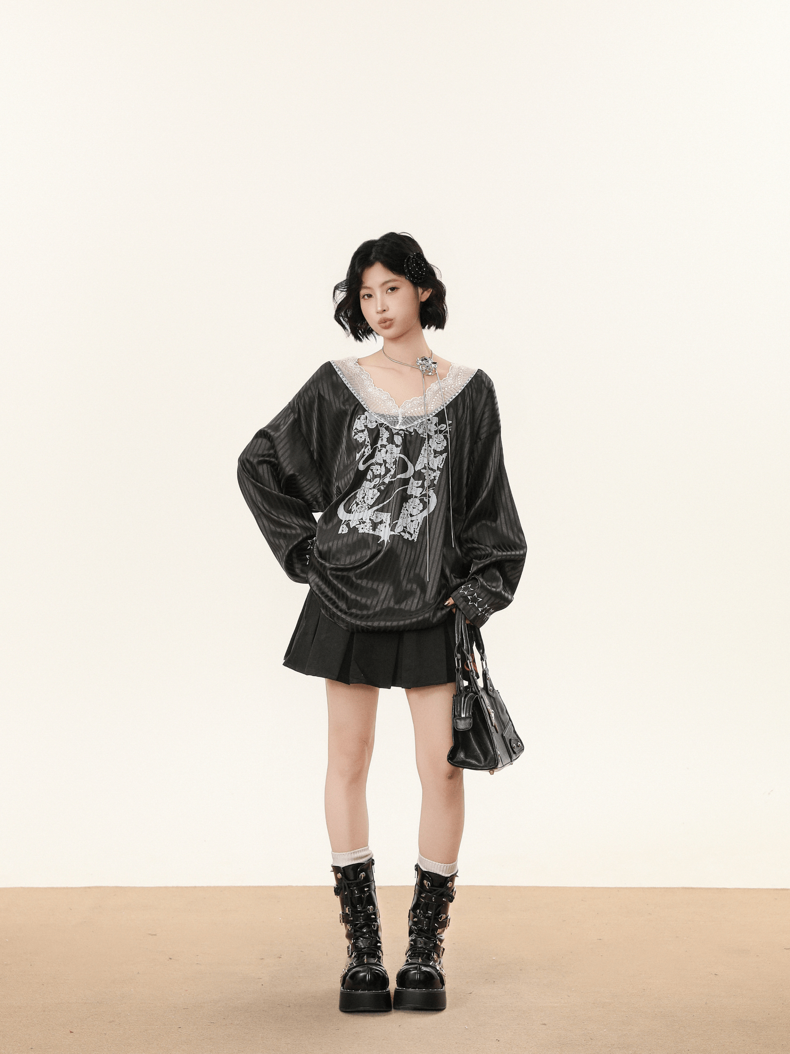 Lace V - Neck Graphic Jersey Blouse - COPPING THREADS - CHICISLAND