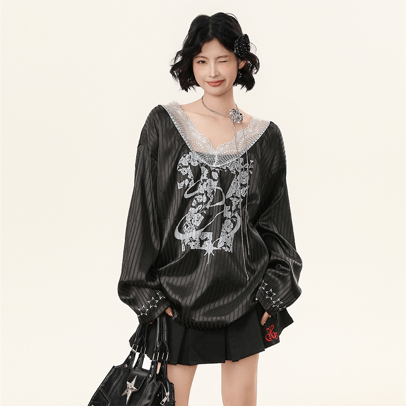 Lace V - Neck Graphic Jersey Blouse - COPPING THREADS - CHICISLAND