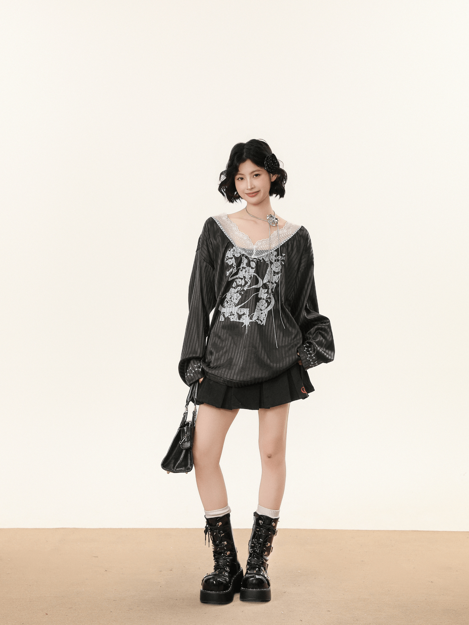 Lace V - Neck Graphic Jersey Blouse - COPPING THREADS - CHICISLAND