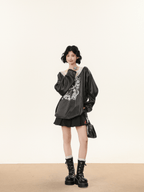 Lace V - Neck Graphic Jersey Blouse - COPPING THREADS - CHICISLAND