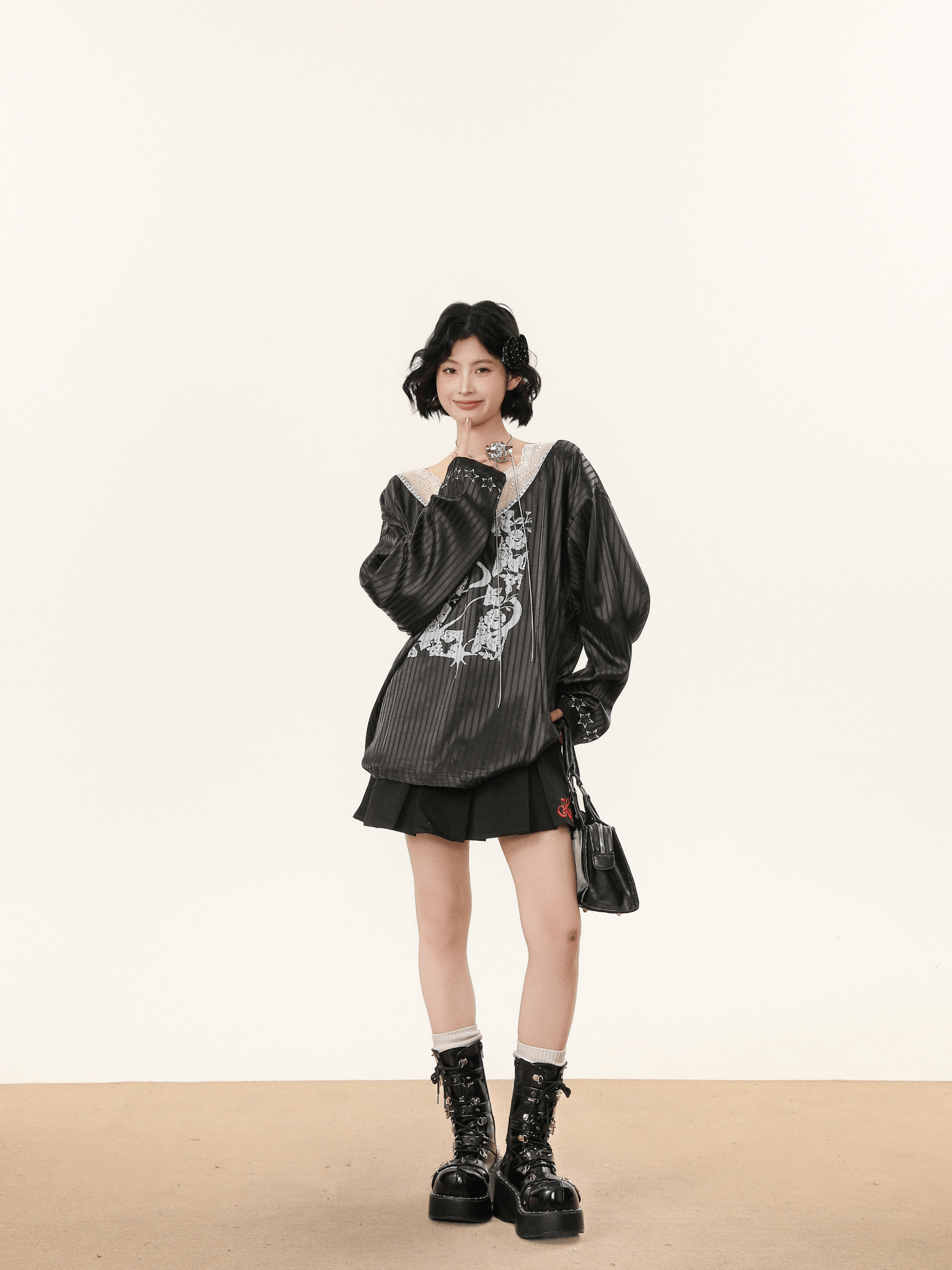 Lace V - Neck Graphic Jersey Blouse - COPPING THREADS - CHICISLAND