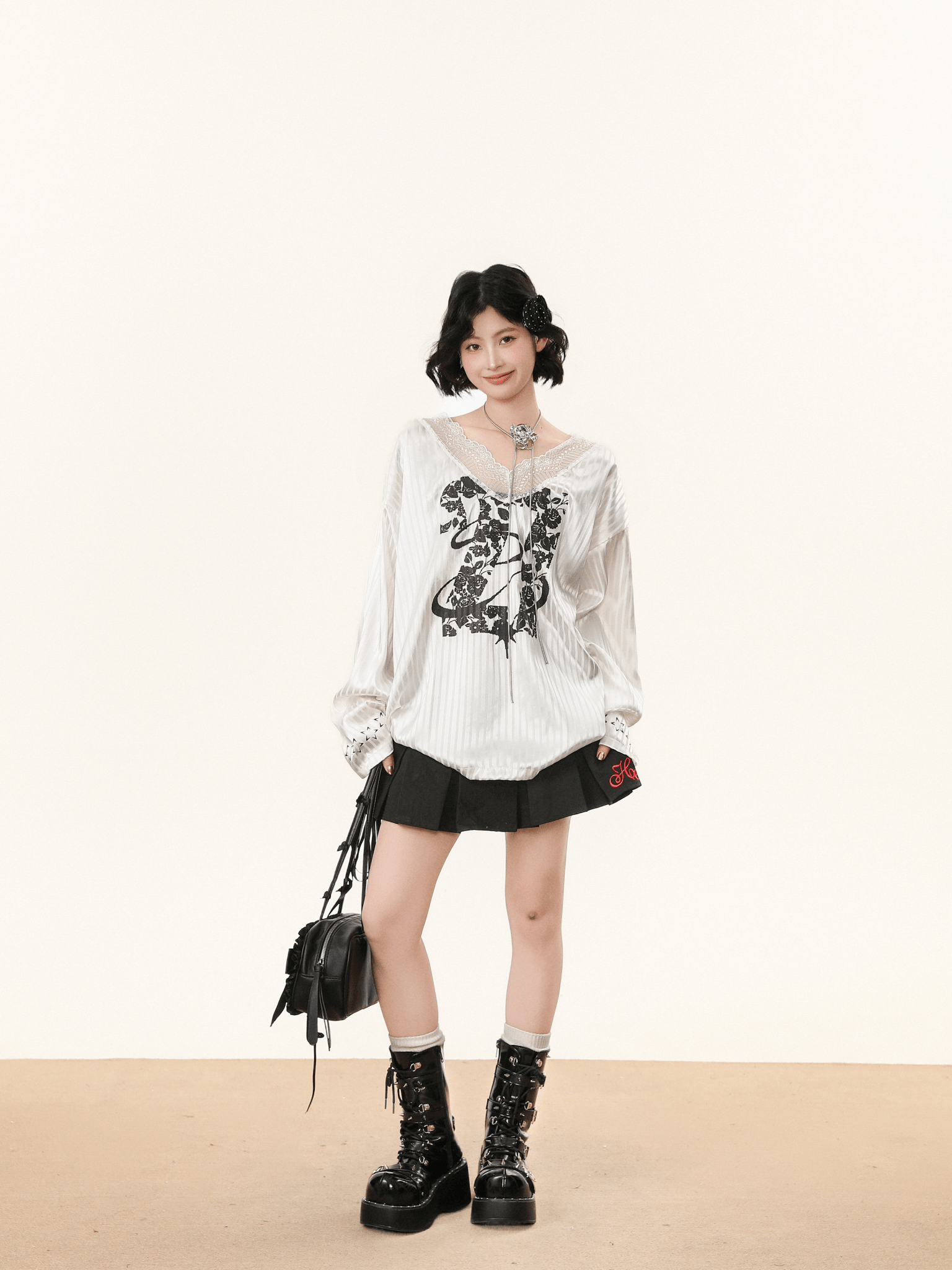 Lace V - Neck Graphic Jersey Blouse - COPPING THREADS - CHICISLAND