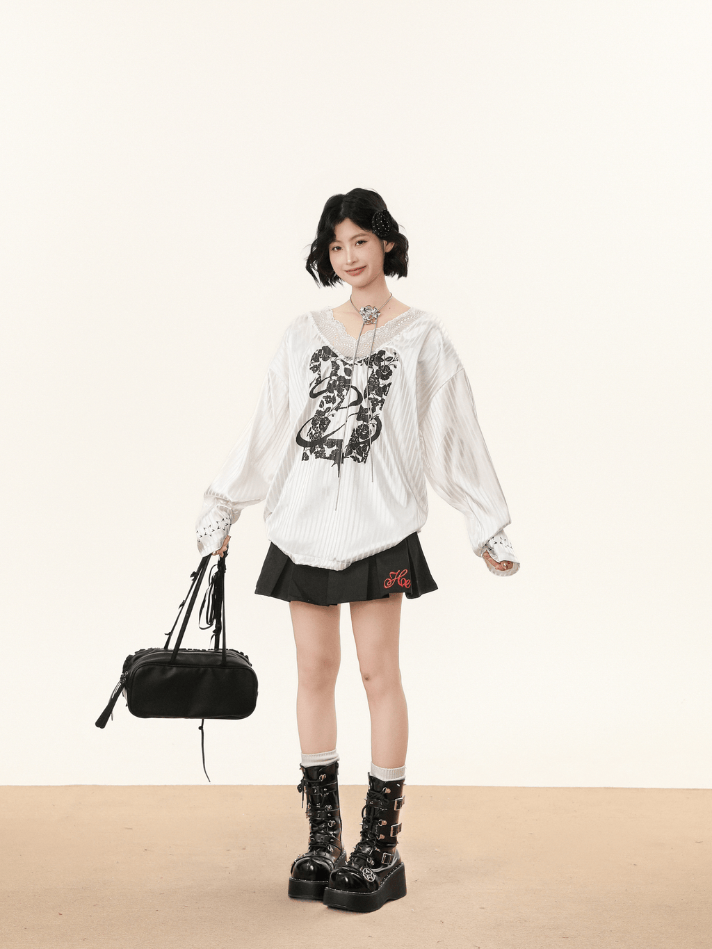 Lace V - Neck Graphic Jersey Blouse - COPPING THREADS - CHICISLAND