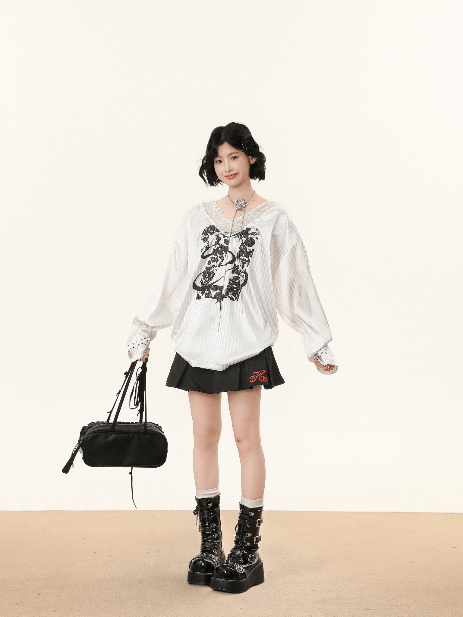 Lace V - Neck Graphic Jersey Blouse - COPPING THREADS - CHICISLAND
