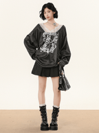 Lace V - Neck Graphic Jersey Blouse - COPPING THREADS - CHICISLAND