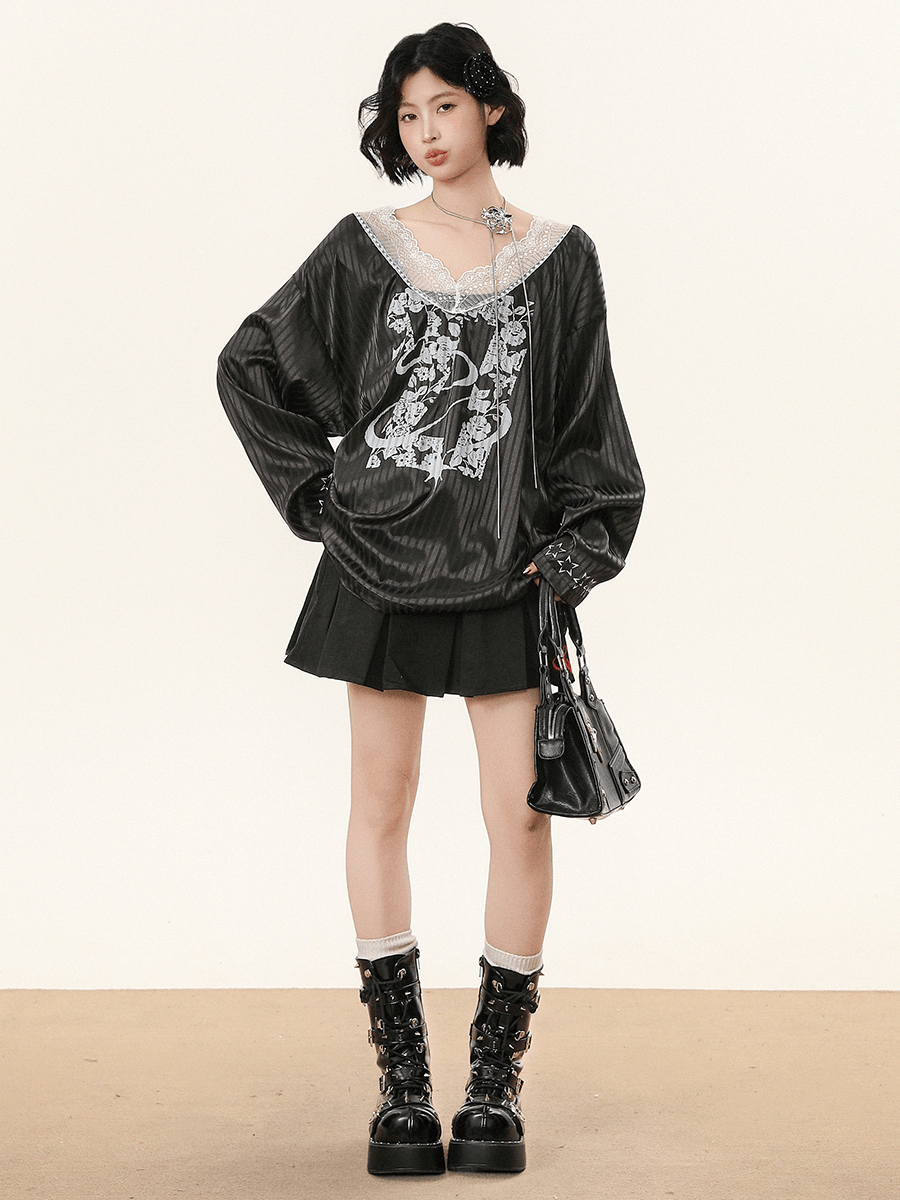 Lace V - Neck Graphic Jersey Blouse - COPPING THREADS - CHICISLAND