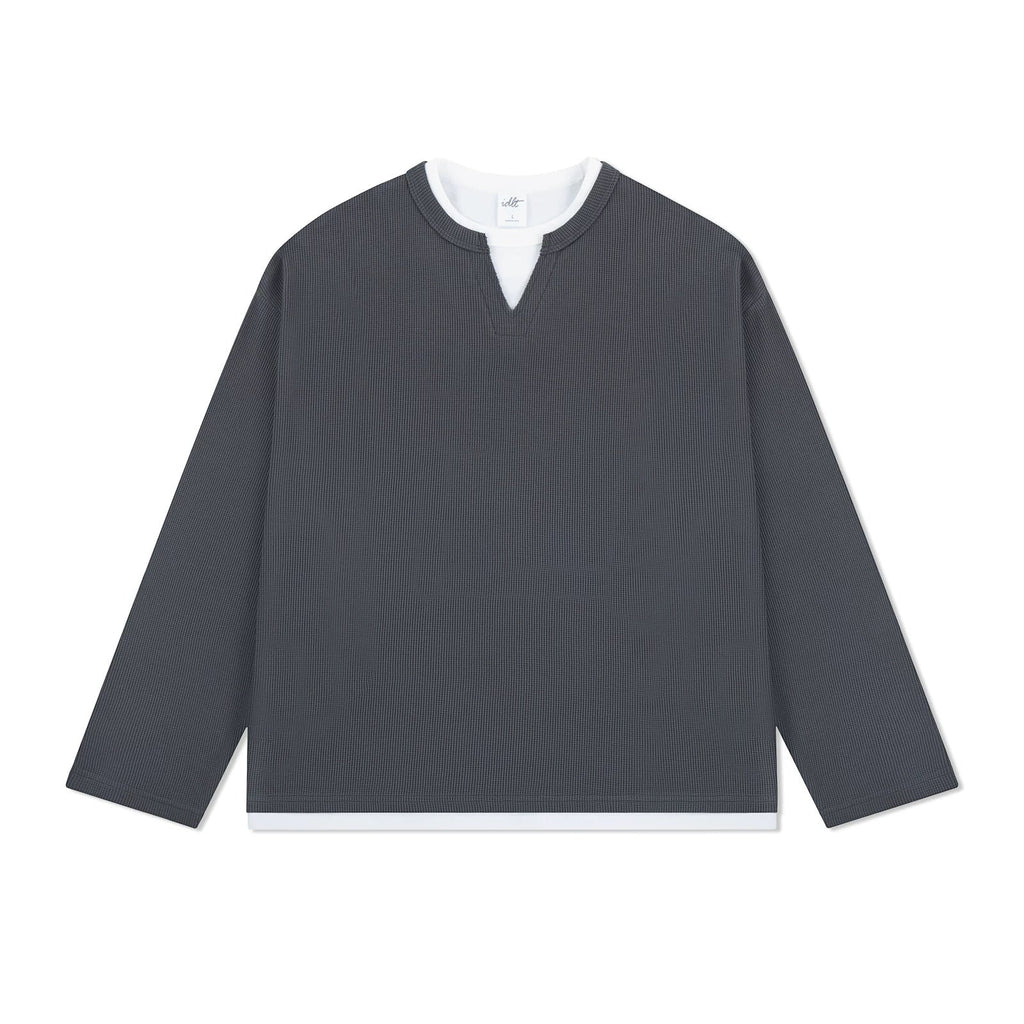 Layered-Look Boxy Waffle Henley - COPPING THREADS - IDLT
