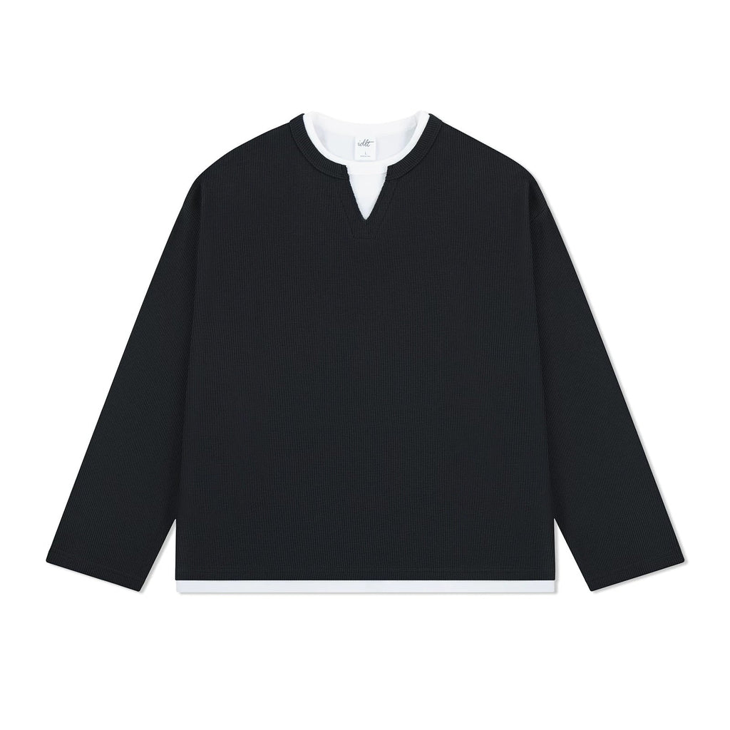 Layered-Look Boxy Waffle Henley - COPPING THREADS - IDLT