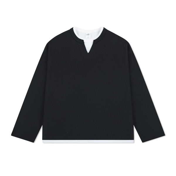 Layered-Look Boxy Waffle Henley - COPPING THREADS - IDLT