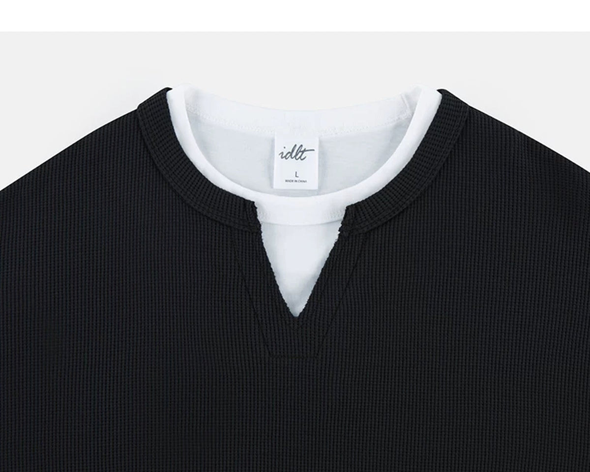 Layered-Look Boxy Waffle Henley - COPPING THREADS - IDLT