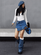 Layered Look Denim Mini Skirt - COPPING THREADS - Yokuku