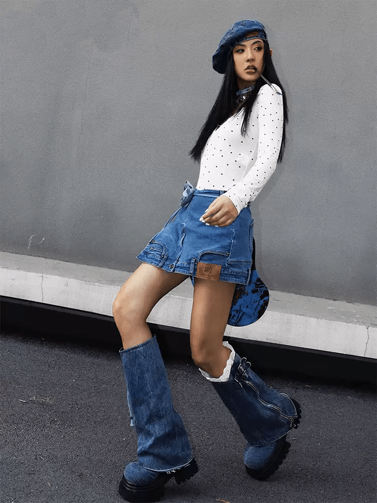 Layered Look Denim Mini Skirt - COPPING THREADS - Yokuku