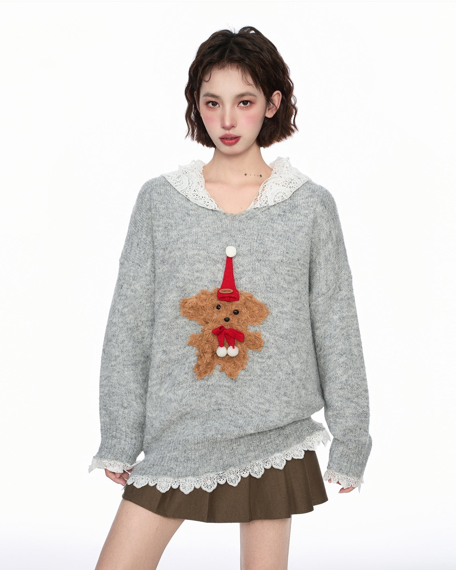 Layered - Look Lace Hoodie Pullover Knit Sweater - COPPING THREADS - CT Select