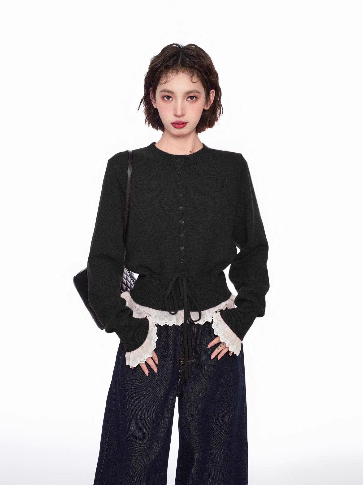 Layered Look Lace - Trimmed Crop Knit Sweater - COPPING THREADS - CT Select