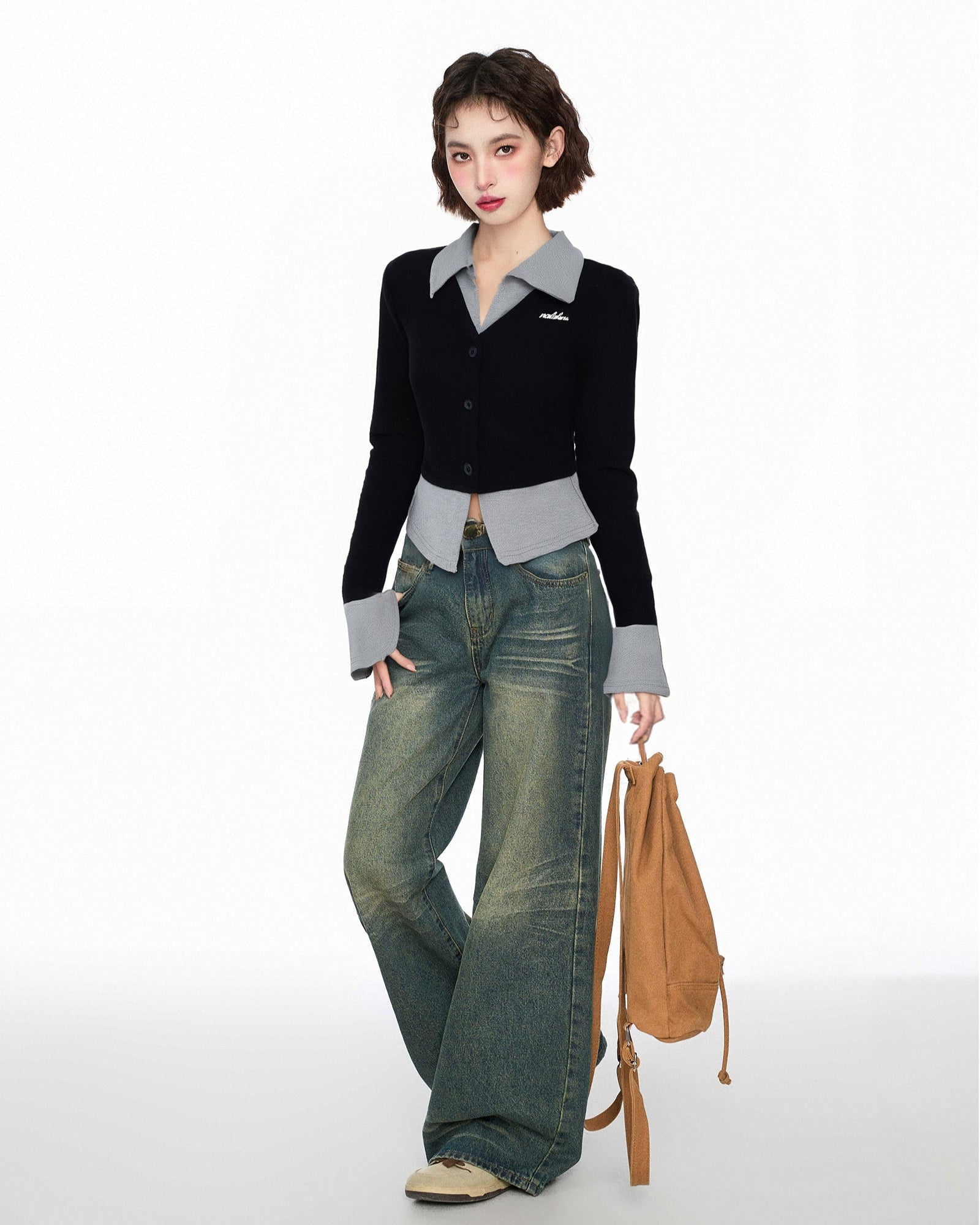 Layered Look Polo Collar Knit Cardigan Secondary image