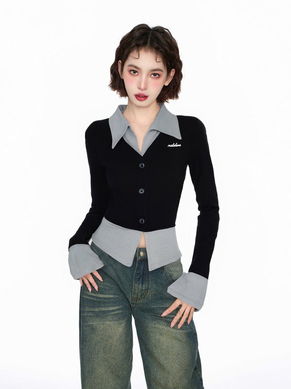 Layered Look Polo Collar Knit Cardigan - COPPING THREADS - CT Select