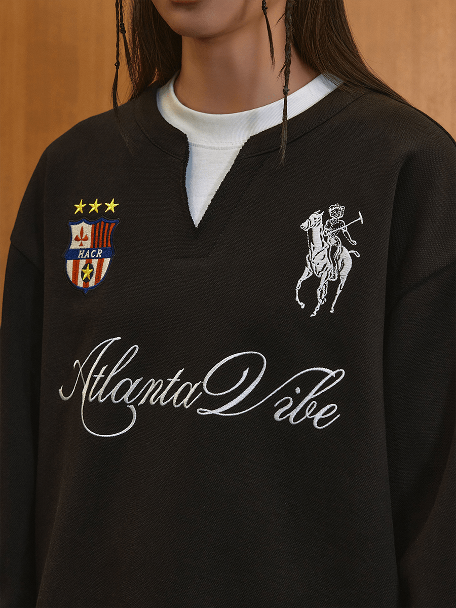 Layered Patchwork Crest Embroidered V - Neck Long Sleeve Tee - COPPING THREADS - Harsh and Cruel