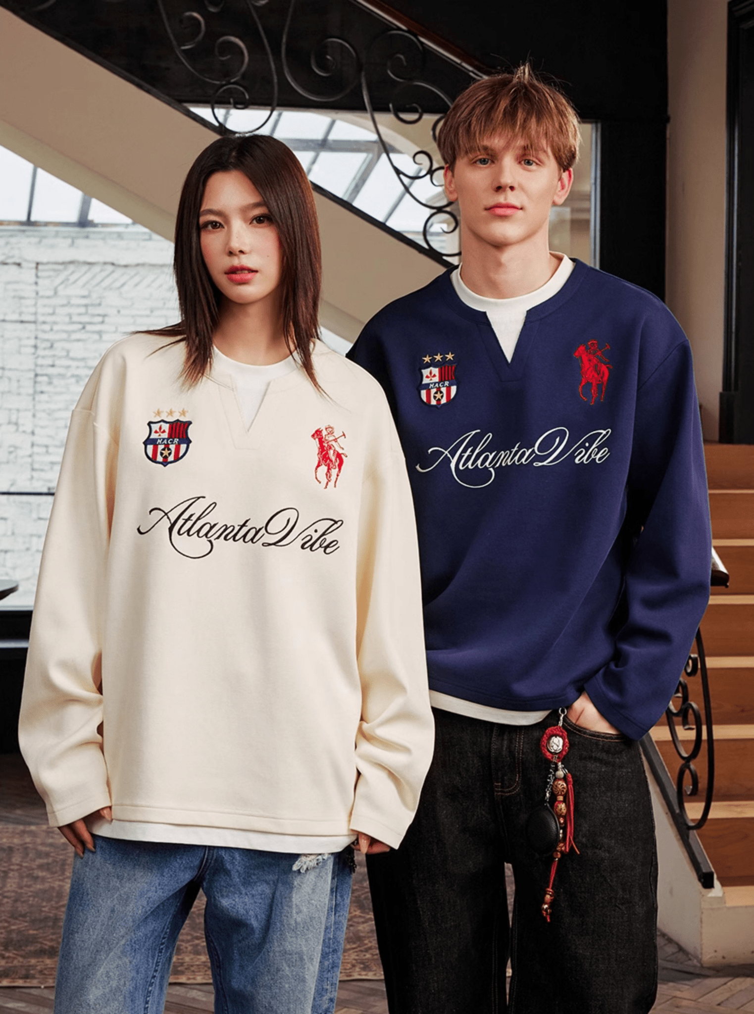 Layered Patchwork Crest Embroidered V - Neck Long Sleeve Tee - COPPING THREADS - Harsh and Cruel
