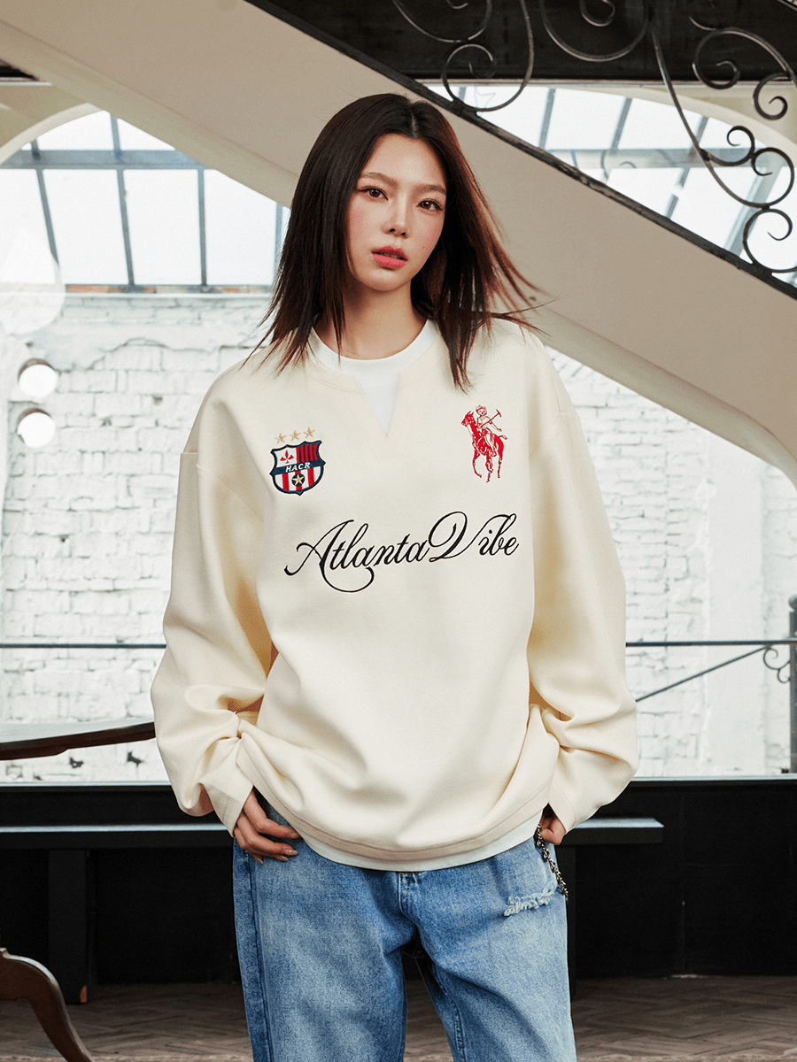 Layered Patchwork Crest Embroidered V - Neck Long Sleeve Tee - COPPING THREADS - Harsh and Cruel