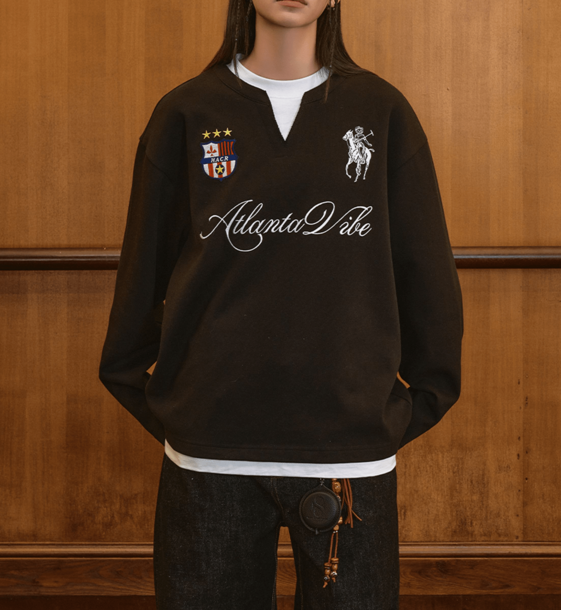 Layered Patchwork Crest Embroidered V - Neck Long Sleeve Tee - COPPING THREADS - Harsh and Cruel