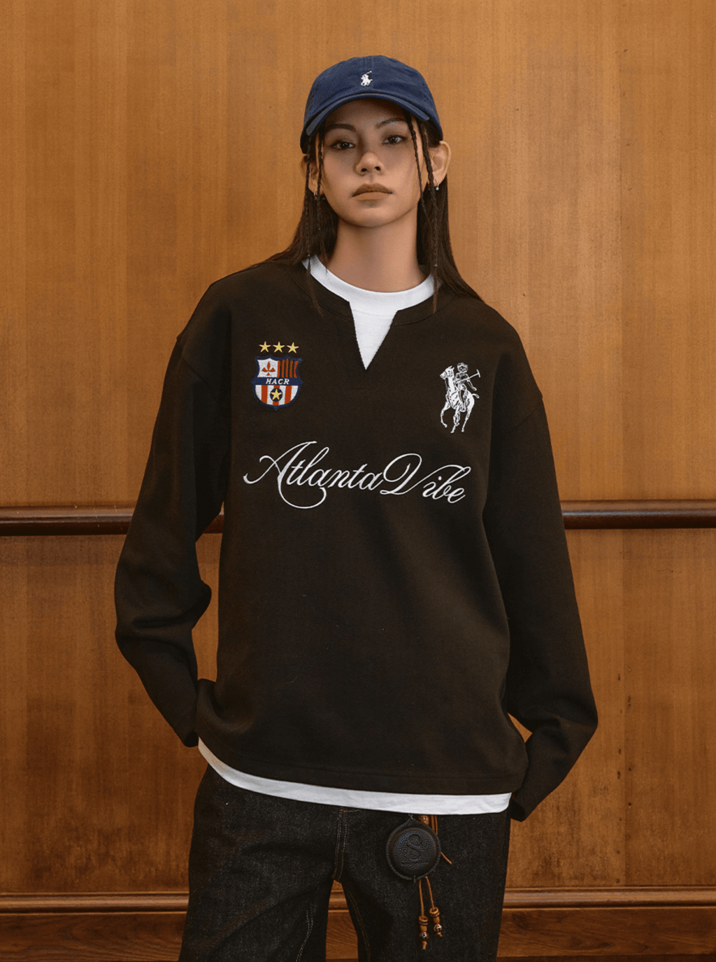 Layered Patchwork Crest Embroidered V - Neck Long Sleeve Tee - COPPING THREADS - Harsh and Cruel