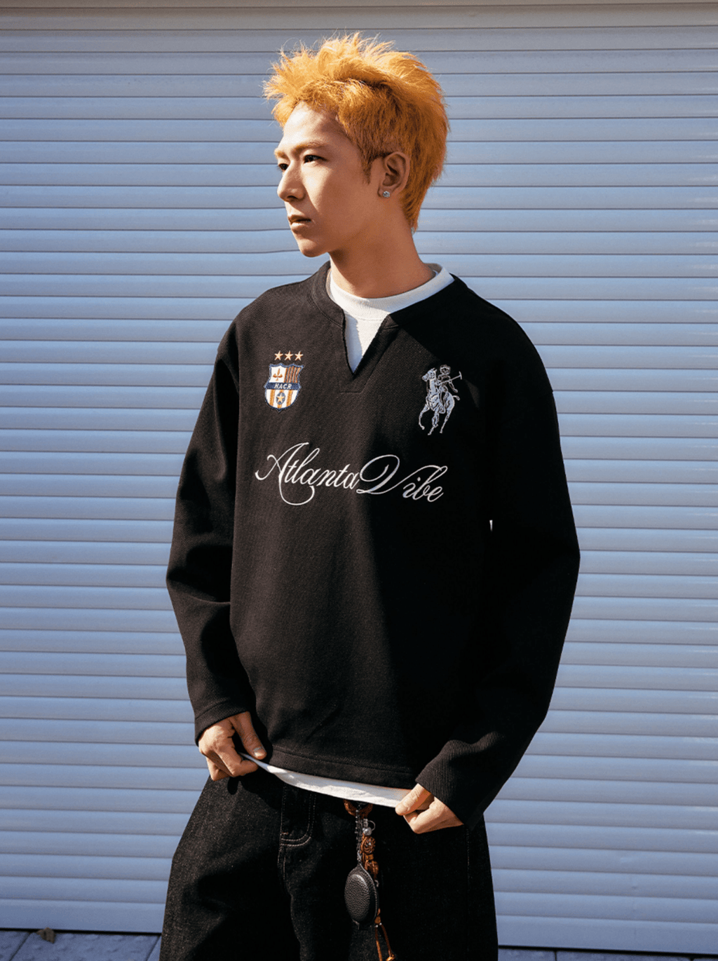 Layered Patchwork Crest Embroidered V - Neck Long Sleeve Tee - COPPING THREADS - Harsh and Cruel